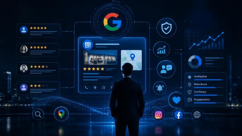 Imagem corporativa em tons de azul escuro mostrando um painel digital de reputação de marca com perfil empresarial, avaliações online, métricas de confiança, resultados de busca, ícones de redes sociais e monitoramento de presença digital.